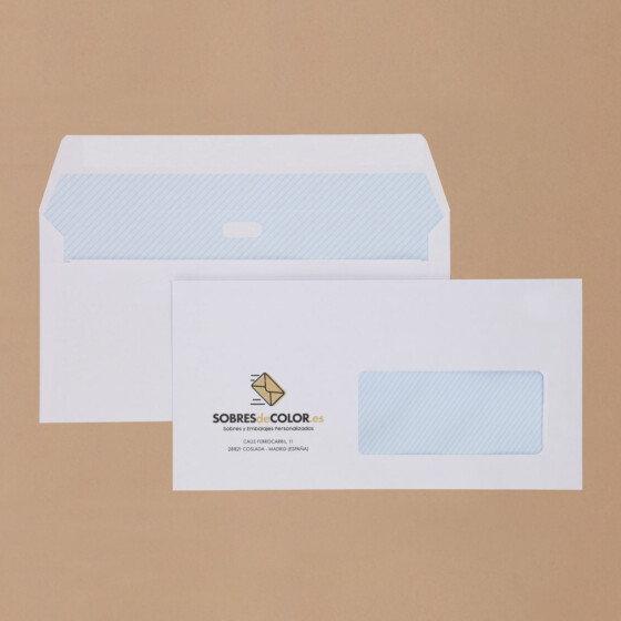 Sobres comerciales americanos 115x225mm, ventana derecha, blancos, especial láser.