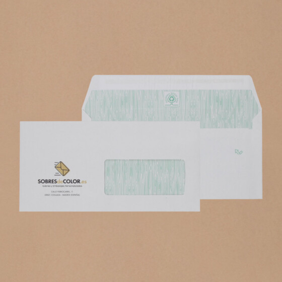 Sobres comerciales americanos 115x225mm, ventana derecha, blancos, papel 100% reciclado.